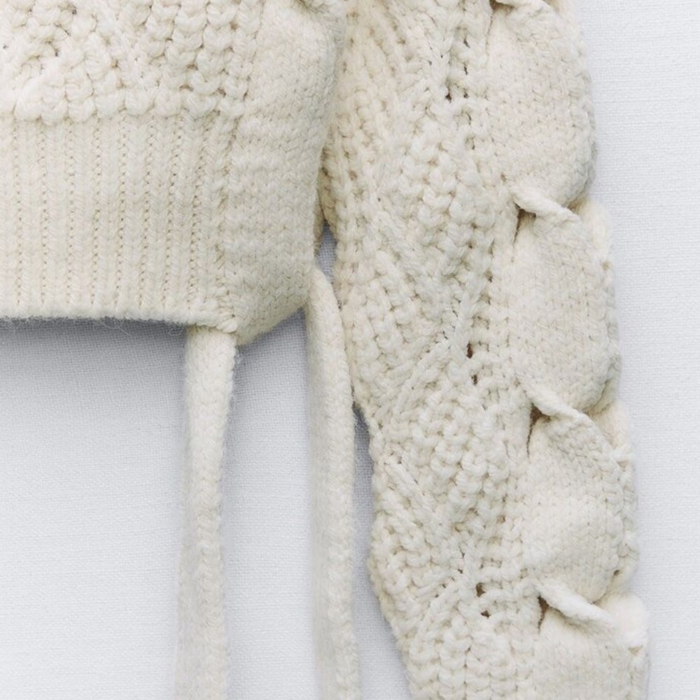 ZARA Cable Knit Tie Sweater Chunky‎ Preppy Cream Ivory Size M Casual Bow Soft - Picture 5 of 13